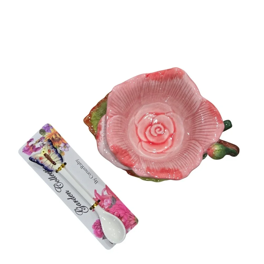 CornerRuby Garden Collection Pink Rose Tea‎ Cup Leaf Saucer Butterfly Spoon Set